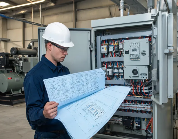 Controls engineer reviewing standby generator drawings